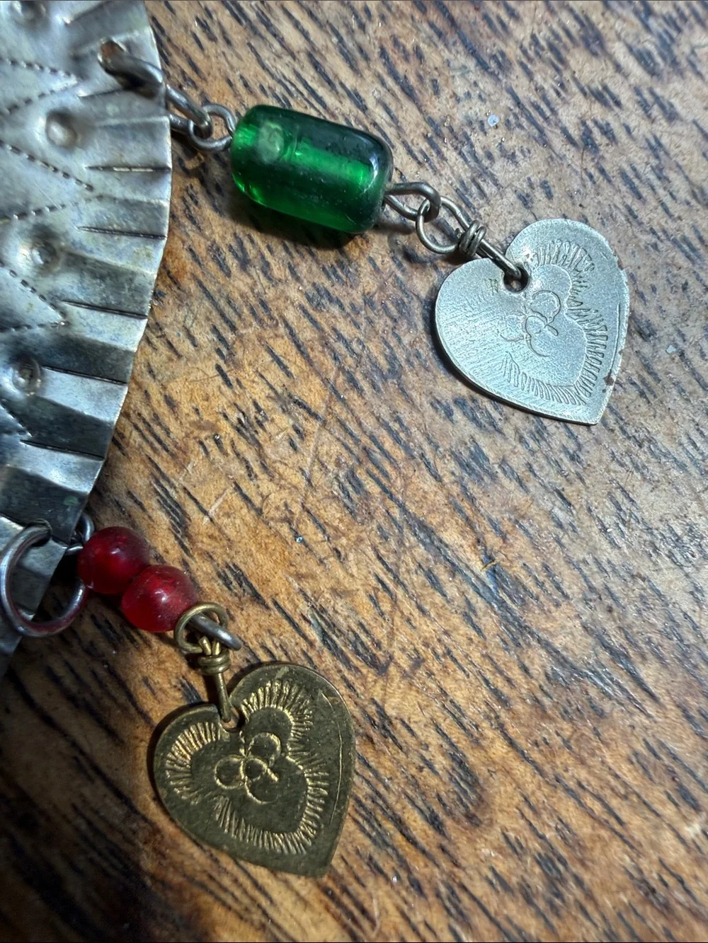 Vintage Handmade Mexican Folk Art Sacred Heart Milagro Brooch Pin Doves Hamsa